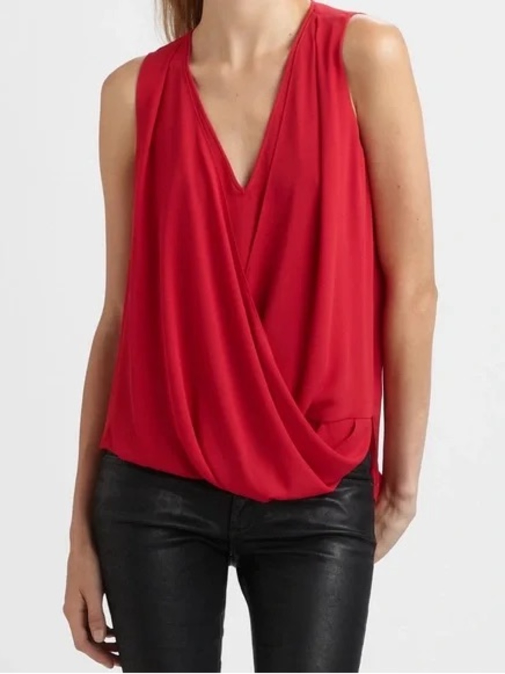 BCBGMAXAZRIA Lorielle Red Asymmetrical Draped V-Neck Sleeveless Top Size S